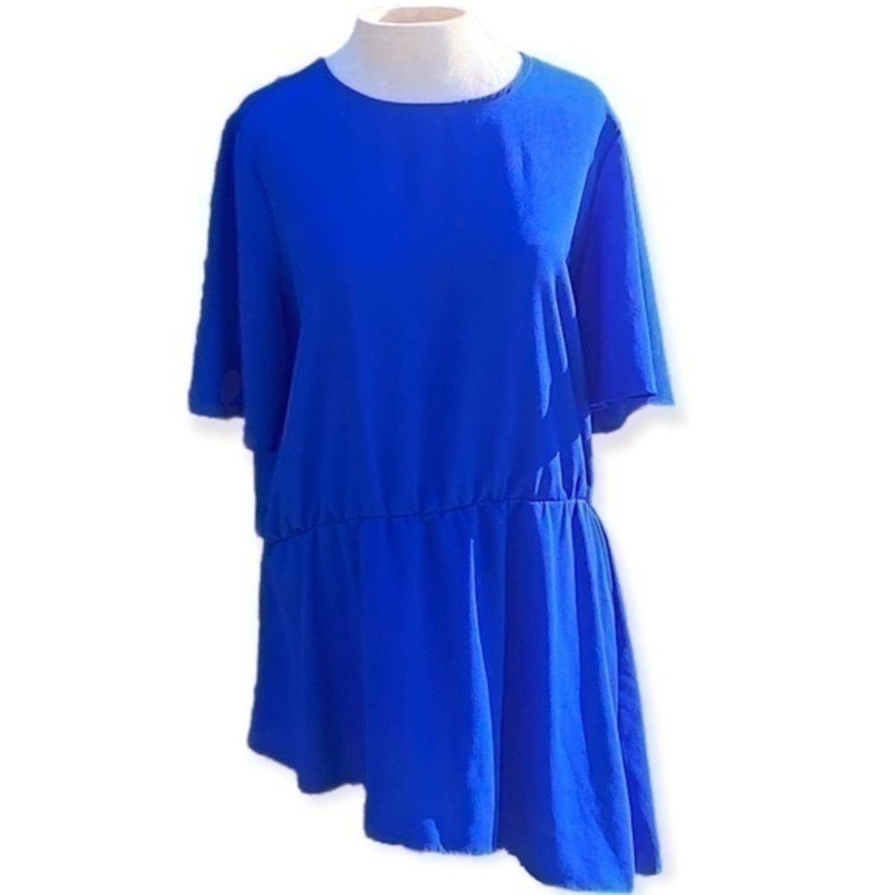 beige by eci royal blue asymmetrical blouse, crew neck, short sleeve - Picture 1 of 9